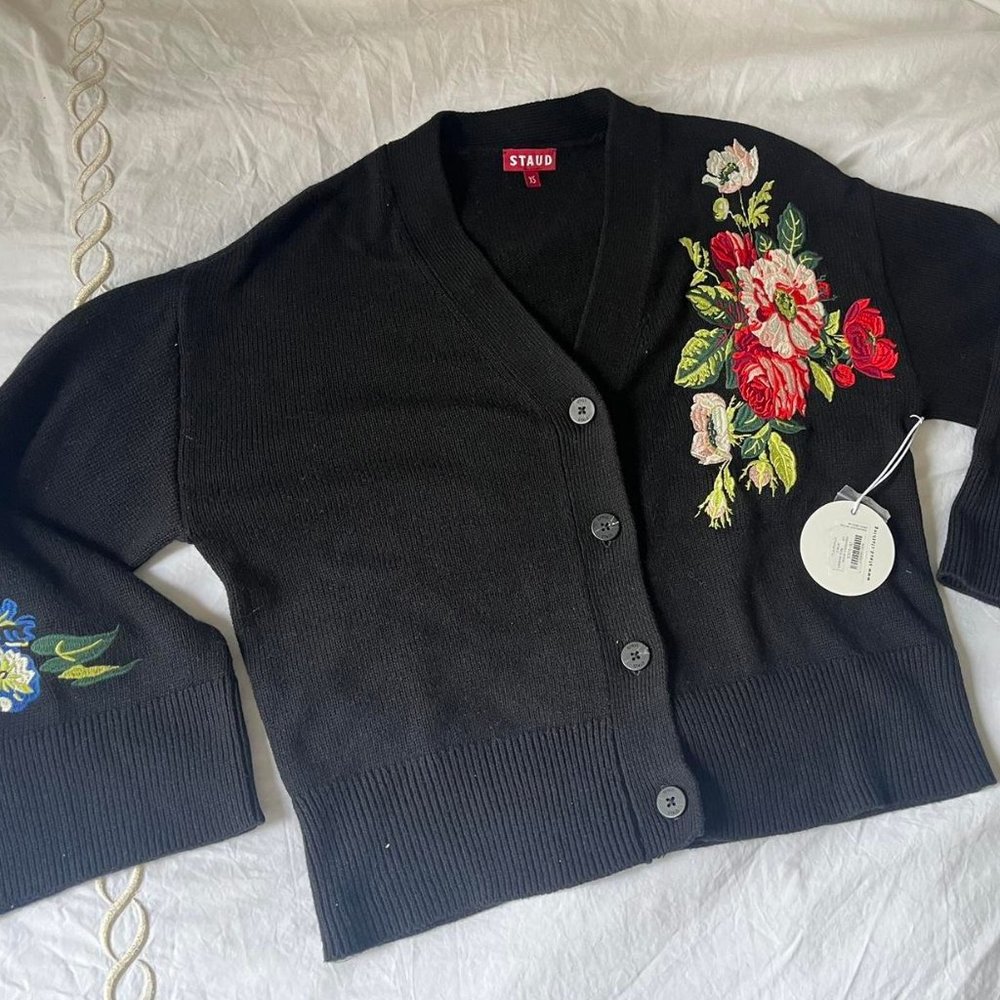 NWT Staud Black Cardigan with Floral detailing